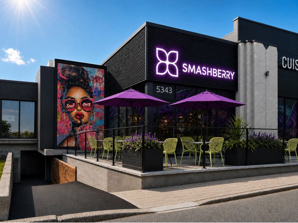 Computer-generated image: the future Smashberry Décarie store, black façade with a glowing violet logo, the Smash Berry girl mural and a terrace with violet umbrellas.