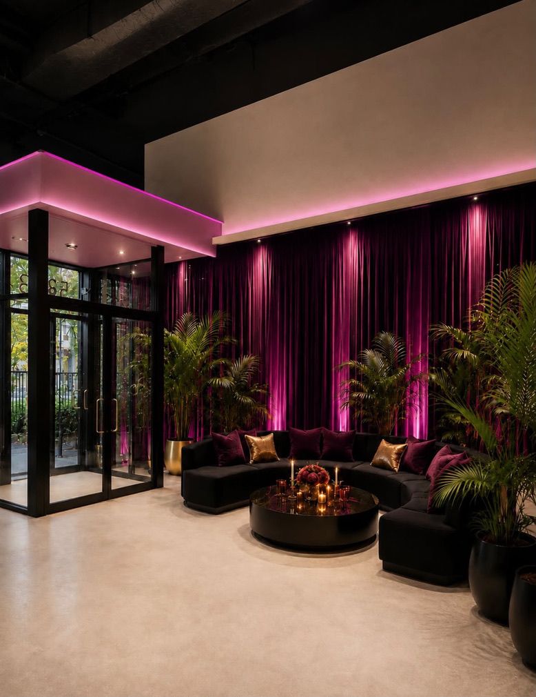 Computer-generated image: the Décarie lounge, a black curved banquette, plum and gold cushions, violet curtains.