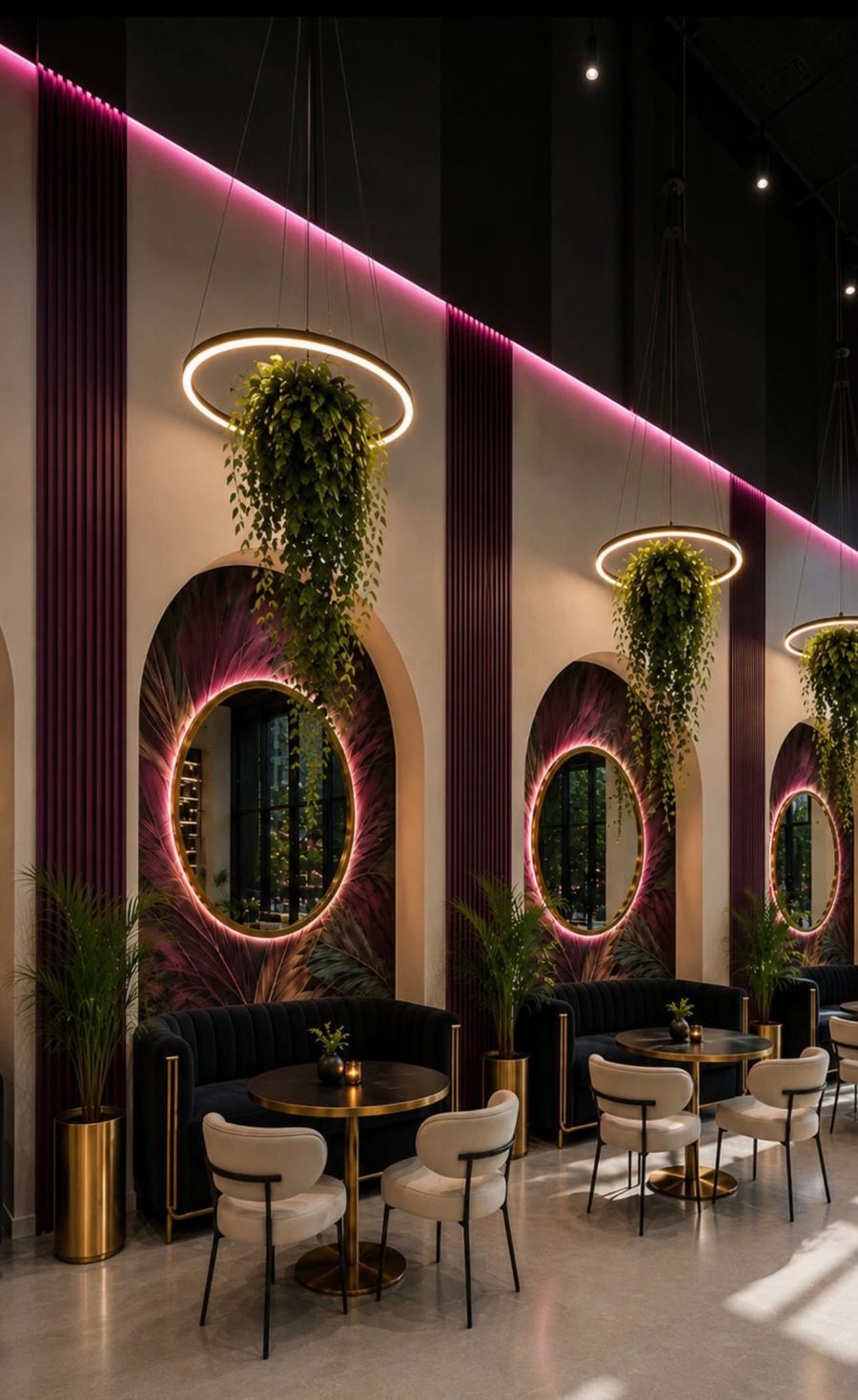Computer-generated image: the Décarie room, arches with round mirrors over foliage, glowing rings and hanging plants.