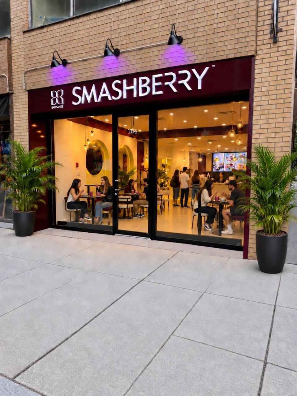 The Smashberry storefront at 1314 Greene Avenue at dusk: burgundy sign, potted palms and a lit dining room.
