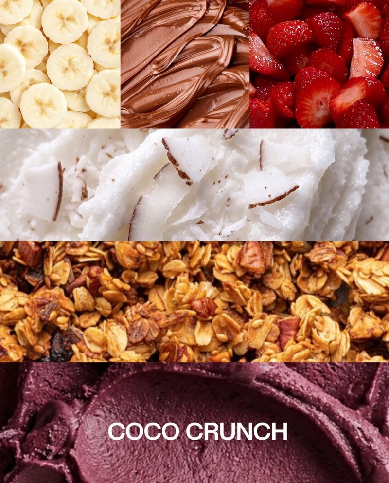 The Cocoa Crunch bowl in layers: banana, chocolate, strawberries and granola.