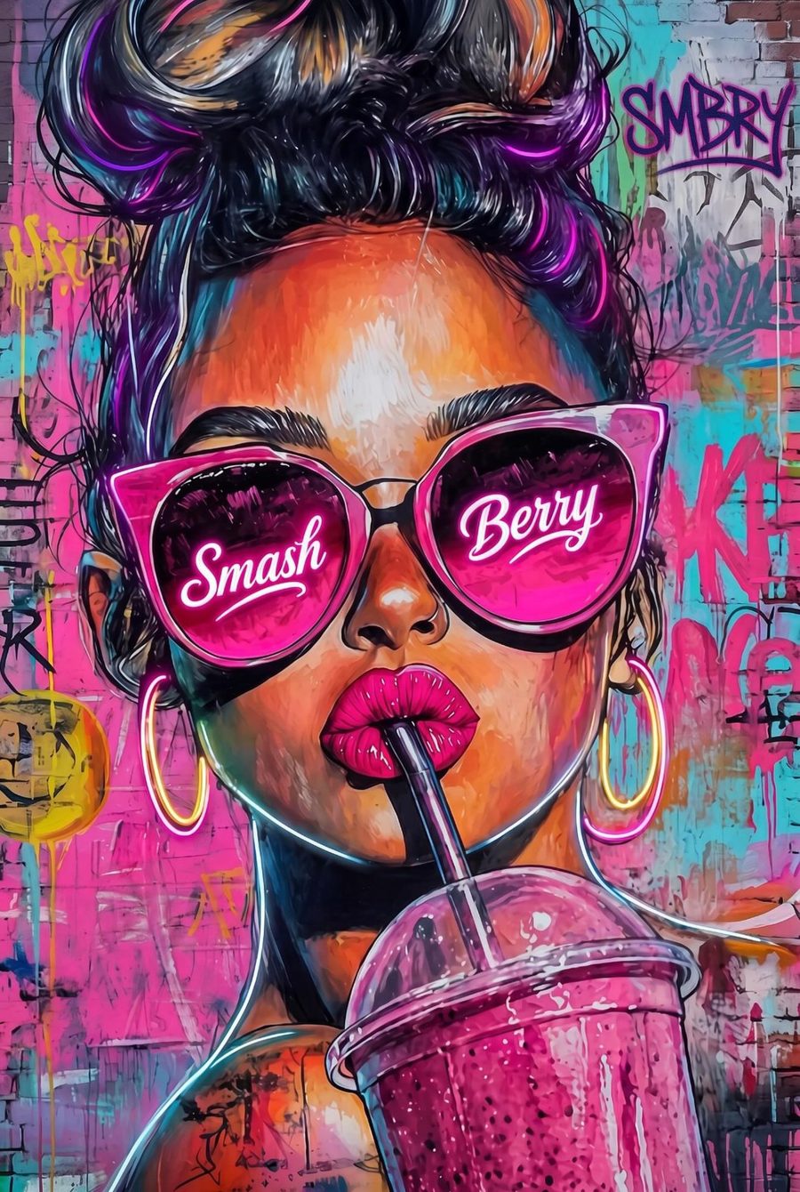 The Smashberry illustration: a girl in pink “Smash Berry” sunglasses sipping a smoothie through a straw, against a graffiti wall.