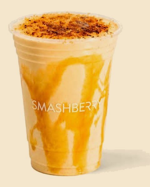 Crème Brûlée dirty smoothie, caramel drizzled down the cup.